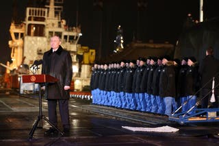 Russian President Vladimir Putin attends a ceremonial ship introduced for the core-powered submarine Permmin in Murmansk, Russia